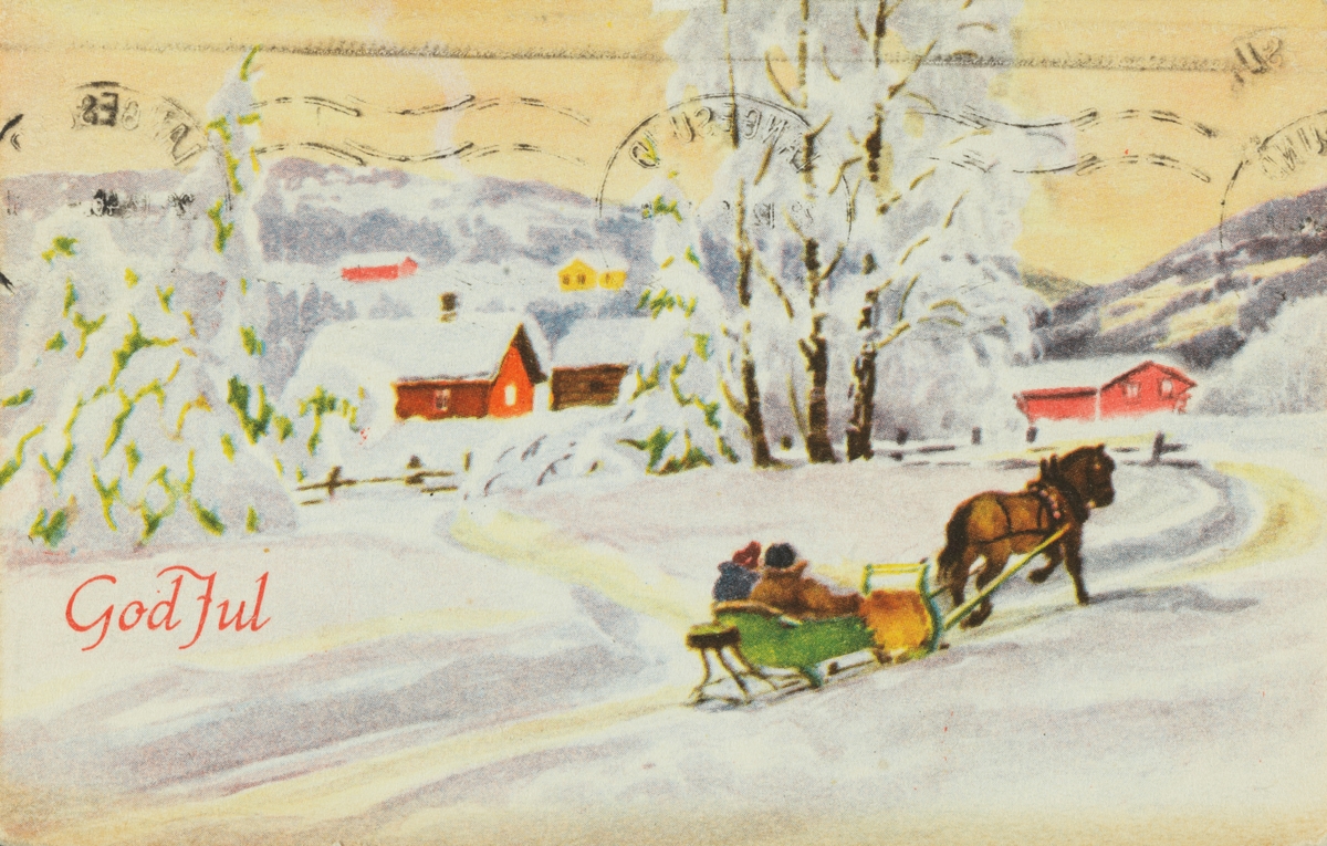 Julekort. Nytttårshilsen. Vintermotiv. To personer i en slede trukket av en hest er på vei til en gård. Stemplet 07.01.1947.