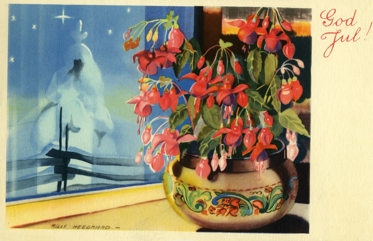 Julekort. Jule- og nyttårshilsen. Tegninger. En blomsterpotte med blomsten Tåre står i en vinduskarm, utenfor er det vinter. Stemplet 23.12.1940.