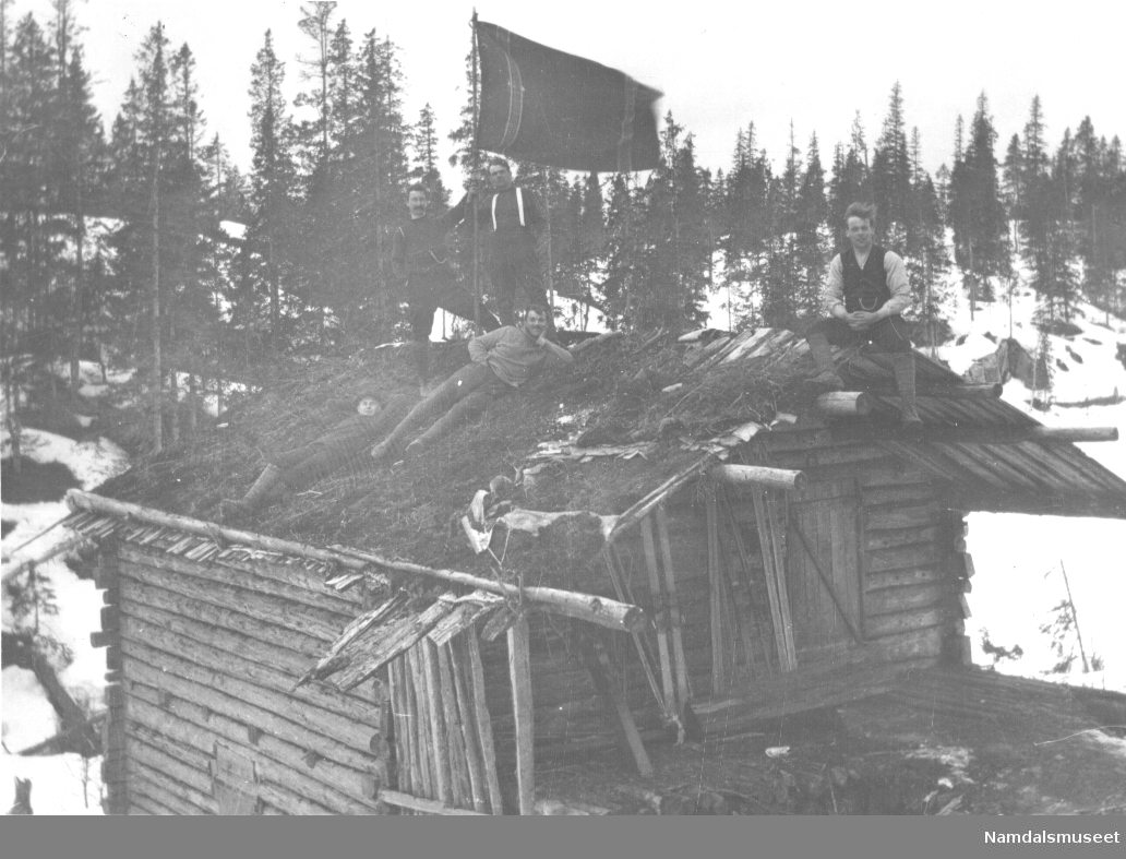 På hyttetur. Bilde fra en skogstue/hytte. Et heimevernsullteppe er brukt som flagg på taket. Liggende på taket Ivar Skogmo, til venstre for flagget Ingvald Wallum, sittende på mønet Håkon Skogmo.