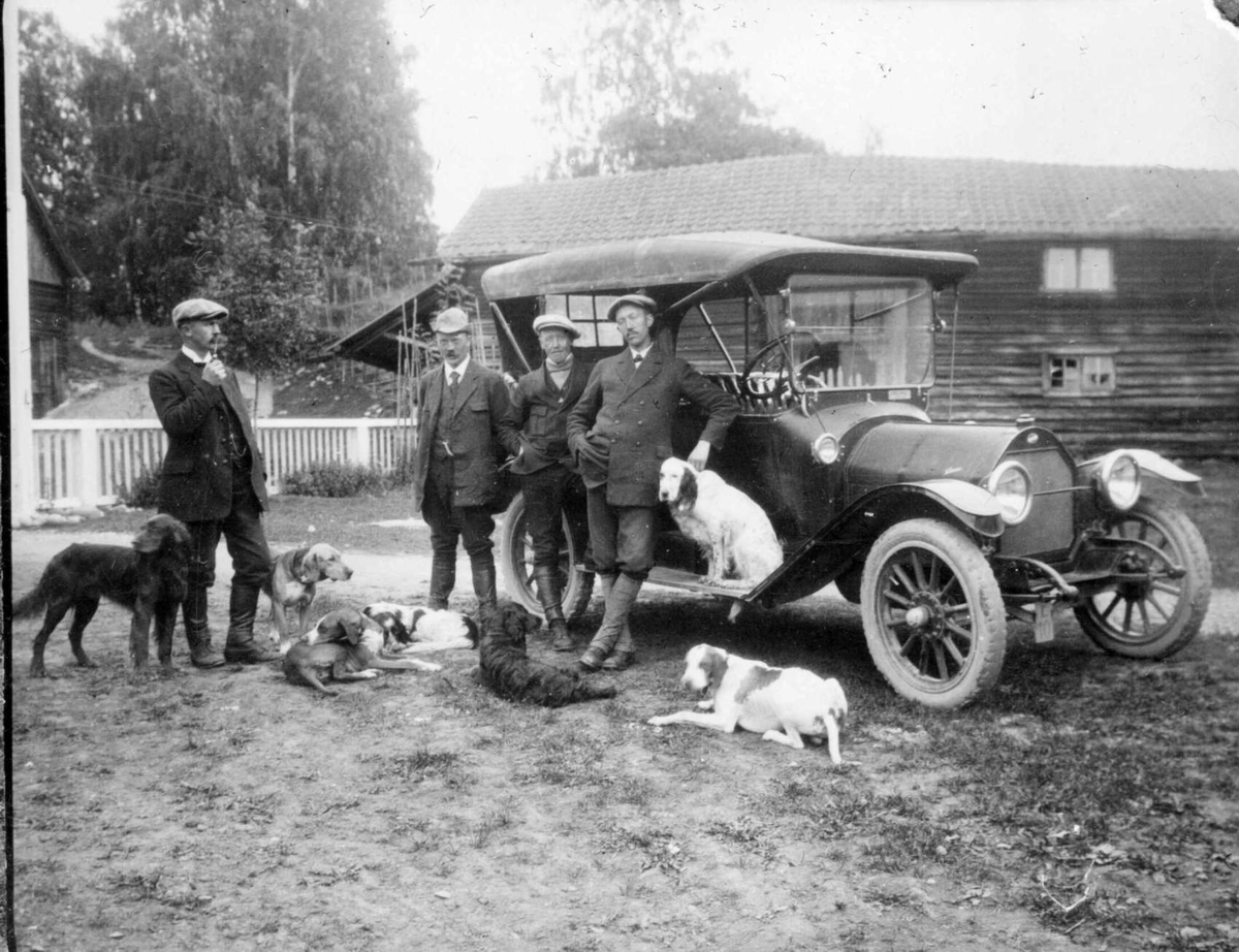 Repro: Fire menn med 7 hunder samt bil.