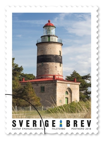 Frimärken i häfte med tio självhäftande frimärken med fem motiv av olika fyrar i Sverige. Valör Brev.