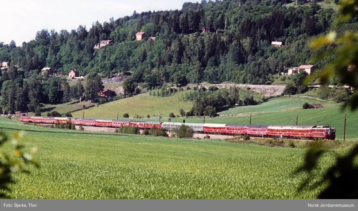 Tysk chartertog "Äpfelfahrt" med 17 vogner, trukket av elektrisk lokomotiv El 14 ved Hove