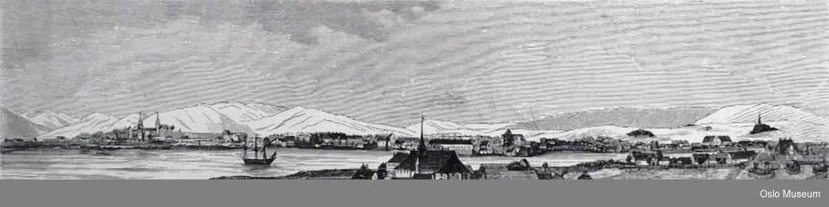 utsikt, prospekt, by, fjord, kirke, seilskute