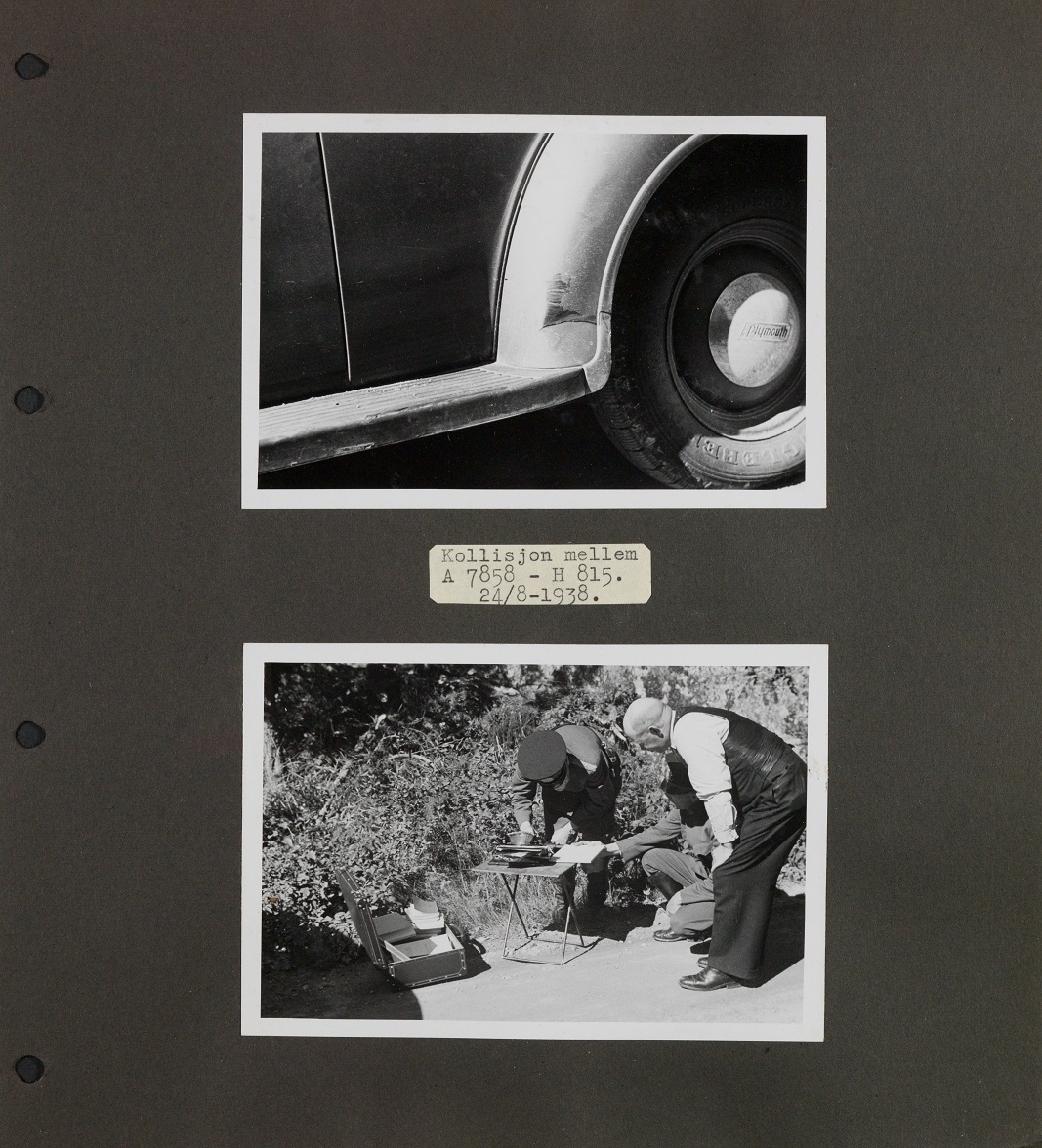 Bildet er en kopi hentet fra album X i Utrykningspolitiets fotosamling. Fotoet viser en skade på en Plymouth, modell 1937/1938 (antatt).