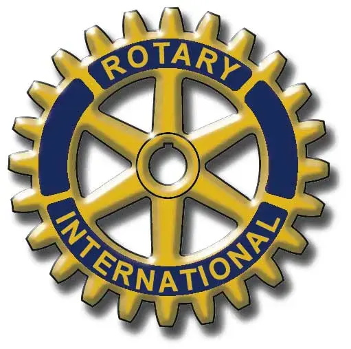 Tannhjul i blått og gult med påskriften ROTARY INTERNATIONAL