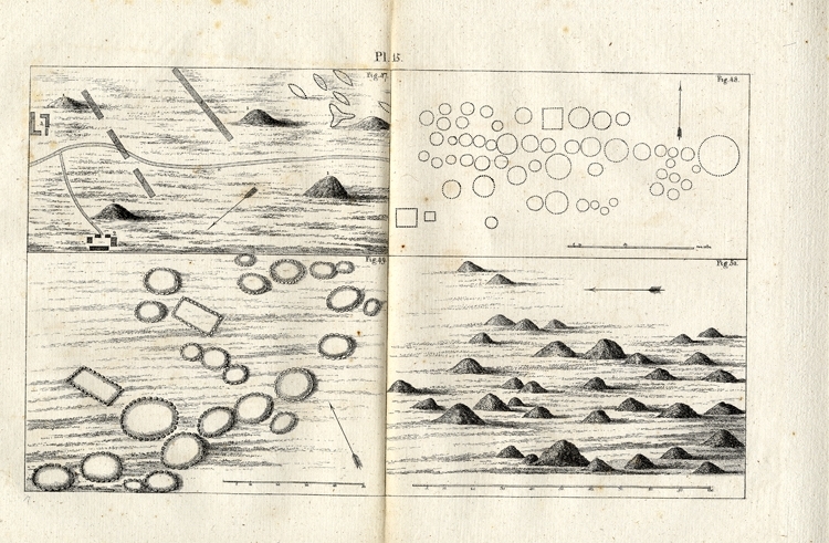 Kopparstick. 
Gravhögar m.m. Planschen består av fyra bilder, visande två olika gravfält, visande dem 
dels topografiskt, dels som rekonstruktion. Måttstock (aln)
på fig. 48-50.