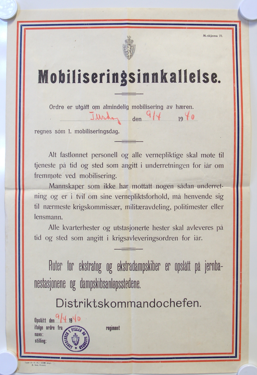 Plakat som opplyser om mobilisering av den norske hæren 9. april 1940