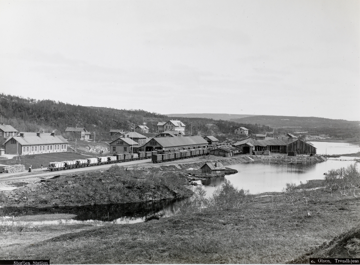 Storlien stasjon med et langt tog med mange personvogner og godsvogner lastet med planker.