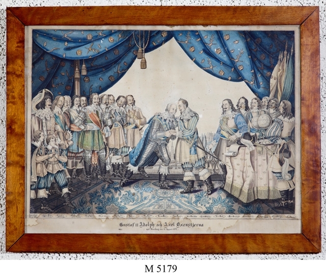Akvarellmålning.
Gustaf II Adolfs möte med Axel Oxenstierna 15 augusti 1632 i kretsen
av fältherrar.