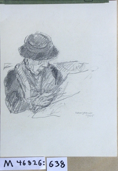 Blyertsteckning.
Äldre kvinna i hatt och glasögon, läsande tidning.