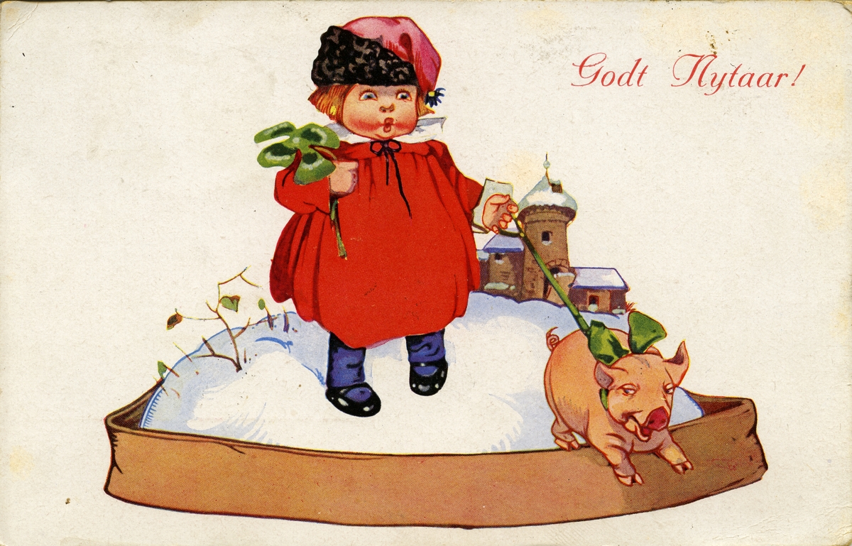 Nyttårskort. Nyttårshilsen. En liten jente står i en snøhaug og holder på en firkløver og en gris, en kirkebygning ligger i bakgrunn. Datert 30.12.1922.
