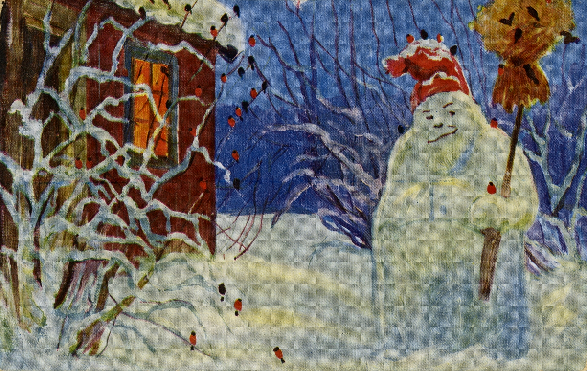 Julekort. Jule- og nyttårshilsen. Snømann med rød topplue holder et fuglenek, et hus ligger bak en busk. Stemplet 22.12.1921.