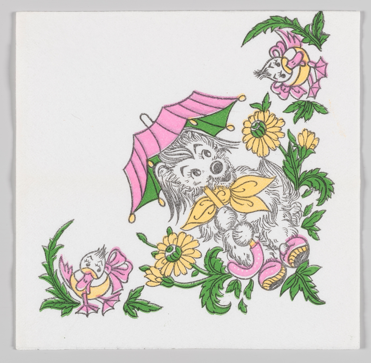 En figur som likner på en hund sittr med rosa paraply og tøfler og en gul sløyfe rundt halsen mellom dekorative blomster. På begge sider er plassert to ender med rosa sløyfer.