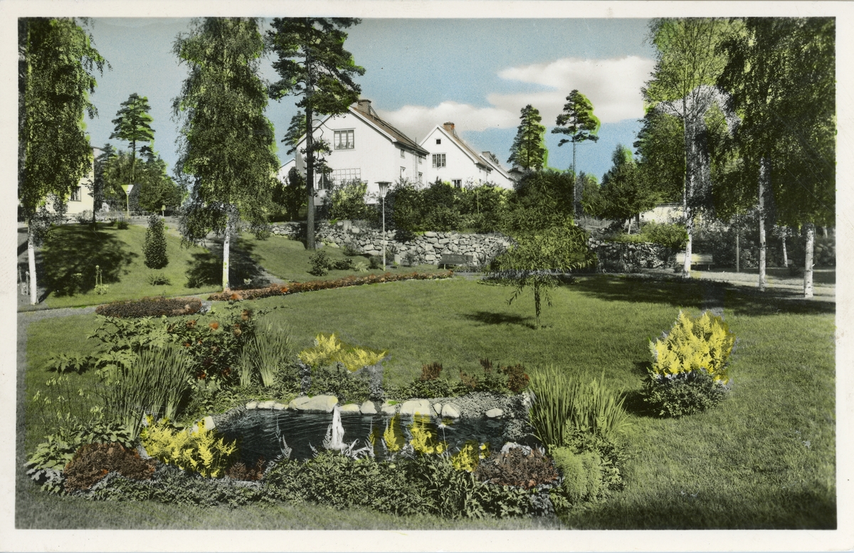 Handkolorerat vykort från Hofors, föreställande bostadshus och damm i trädgård.