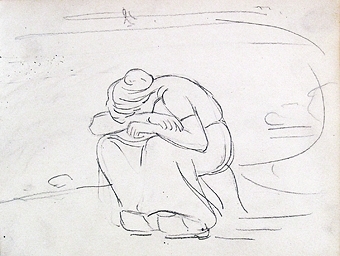 Beige skissbok. Ett 40-tal skisser från Frankrike, en del daterade 1907. Blandade motiv: Människor och kustbilder.