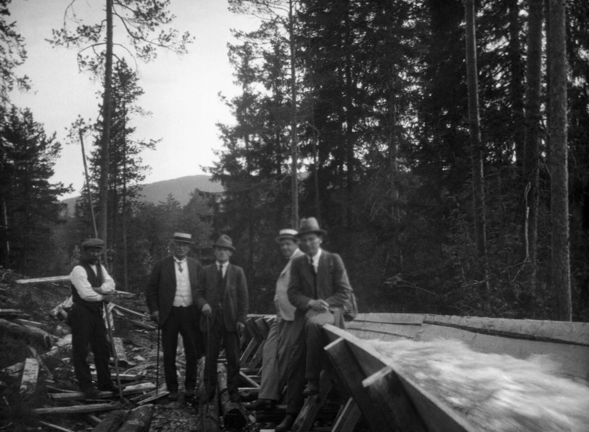 Befaring ved Follsjørenna i 1922.  Fotografiet viser fem menn som poserer ved renna, som gikk full av kvitskummende vann.  Mannen til venstre ser etter antrekket å dømme ut til å ha vært en som arbeidet på stedet.  Nummer to fra venstre, en tettbygd eldre mann med spaserstokk, mørk dressjakke, kvit vest og skjorte og stråhatt på hodet, er ingeniør Emil Aubert, som var direktør i Skiensvassdragets Fellesfløtningsforening.  De andre karene var antakelig representanter for administrasjonen eller styret i denne organisasjonen.  Det første vedtaket om å bygge tømmerrenne i fra Follsjø, der den øvre delen av elva Fulldøla hadde en topografi som vanskeliggjorde fløting, ble gjort i 1889, etter forslag fra Auberts forgjenger, Axel Borchgrevink.  Hvor mye vedlikehold og fornyelse som ble gjort etter den tid, vet vi ikke sikkert, men materialrestene som ligger ved siden av renna på dette fotografiet kan vel tyde på at det ikke var veldig lenge siden forrige oppgradering. 