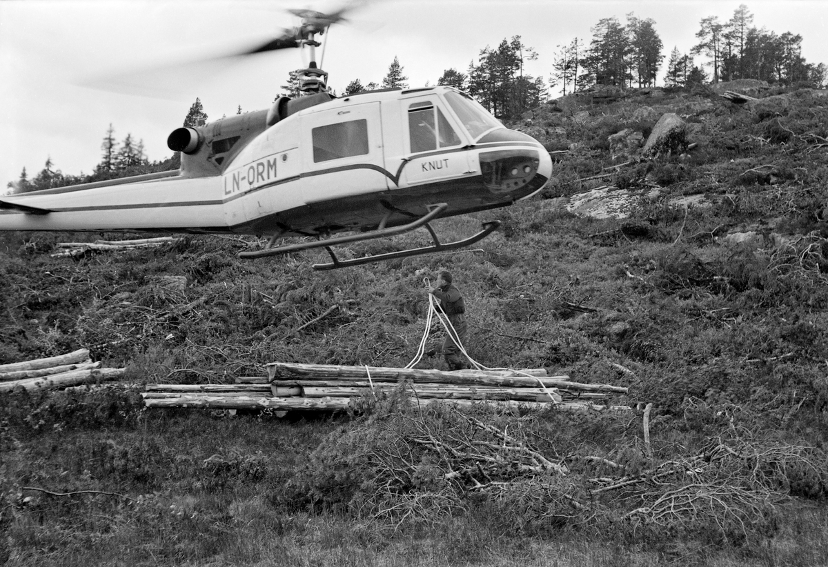 Fra forsøk med helikoptertransport av tømmer i bratt fjellterreng på godseier S. D. Cappelens skogeiendom sør for Tarrenuten på østsida av Kviteseidvatnet i Telemark.  Disse forsøkene ble utført i begynnelsen av juli 1962 med et helikopter av typen «Bell 204-B» som selskapet Helikopter Service A/S leide ut til dette prosjektet.  I god tid før helikopterforsøket startet hadde man hogd ei om lag 9 hektar stor flate i til dels bratt, kløftet og storsteinet terreng.  Trærne ble kvistet, barket og tørket noe før helikoptertransporten startet.  Hver enkelt stokk ble også veid og samlet i bunter, slik at lassene nyttet mye av, men ikke hele, helikopterets løftekapasitet.  Forskerne kunne konstatere at gjennomsnittslasset veide 1 378 kilo, om lag 86 prosent av maskinens oppgitte løfteevne.  Tømmeret skulle fraktes om lag 630 høydemeter ned mot Kviteseidvatnet, der det ble sluppet fra lav høyde ned i en ringbom med sikte videre fløting mot Ulefoss.  Da dette fotografiet ble tatt sto en mann – en «påkobler» - klar til å feste stroppene i en utløsbar festekrok under helikopterkroppen.  Mer informasjon om forsøkene med helikoptertransport av tømmer fra vanskelig terreng finnes under fanen «Opplysninger».
