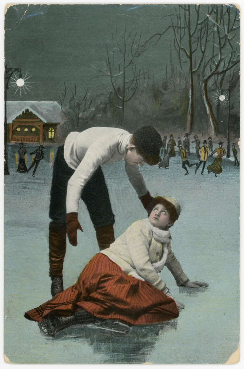 Postkort. Motivet på kortets fremside viser en gutt og ei jente som går på skøyter. Kjønnsroller.
