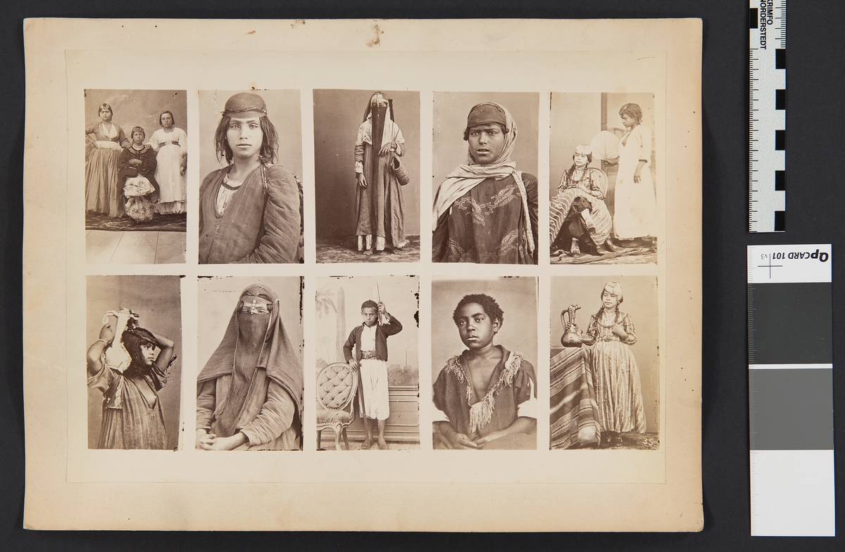 Montage av tio porträtt i visitkortsformat, unga kvinnor, flickor och pojkar i dräkter från Afrika/Mellanöstern. Nm inv.nr 139581:14