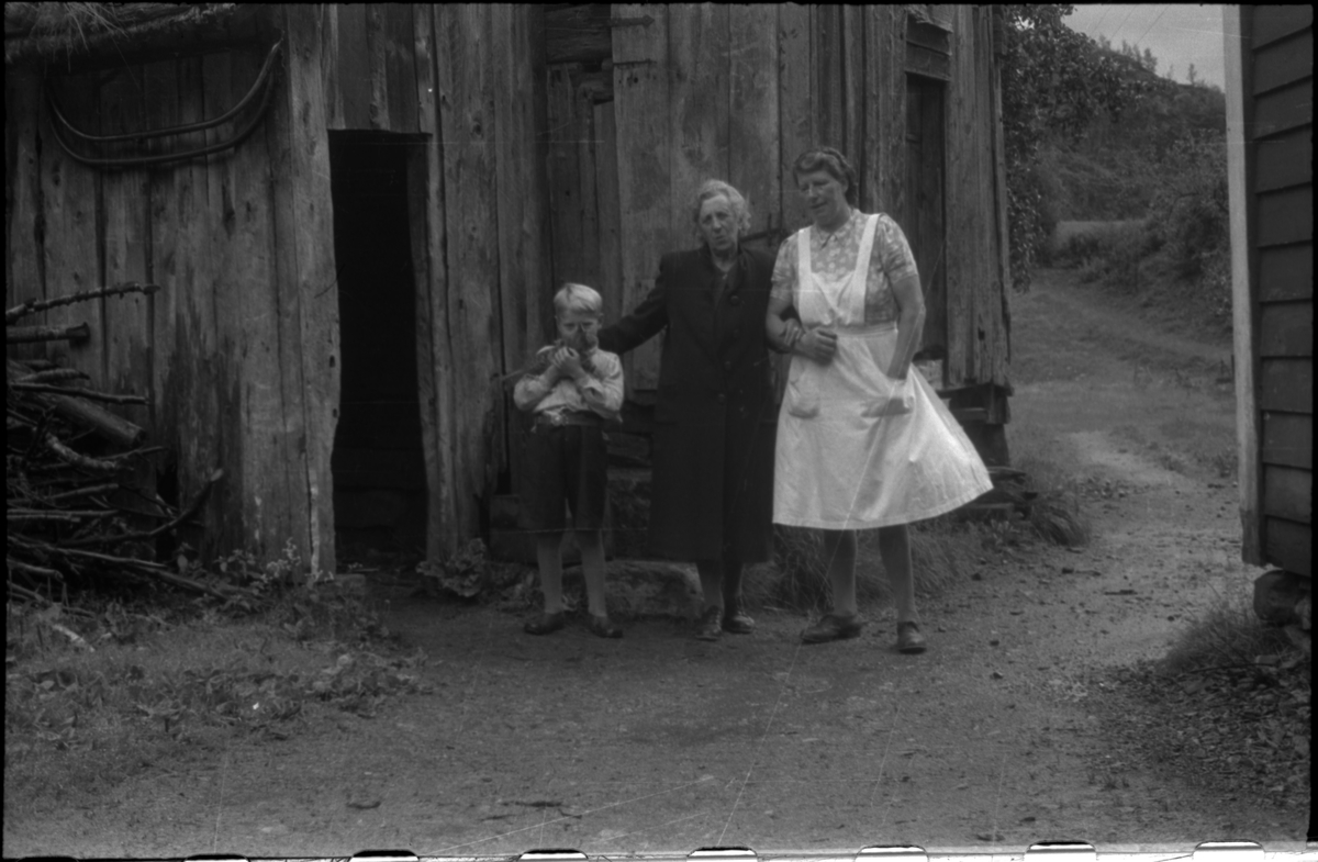 Frida Johannessen sammen med Liva Veka og sønnen, Lars Veka. Lars holder ei kattunge. De står på et tun med eldre hus på Veka i Suldal.
