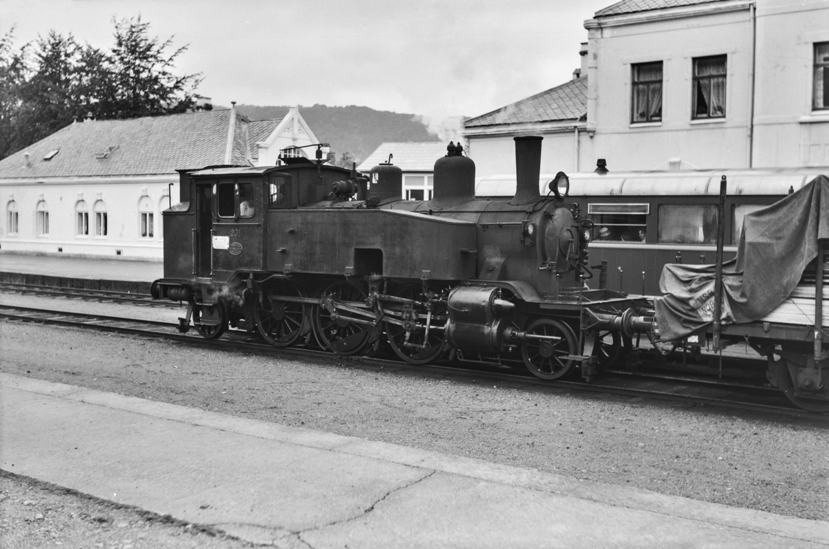 Godstog på Flekkefjord stasjon. Toget trekkes av damplokomotiv type 20b nr. 201. Bak lokomotivet skimtes motorvogn type Bmdo 86.52.