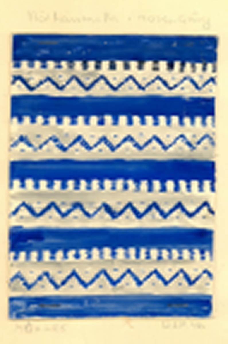 Skiss till skyttlad matta.
Formgivare: Ulla Schumacher Percy 1946
"Nöthårsmatta i rosengång"
"140x225"