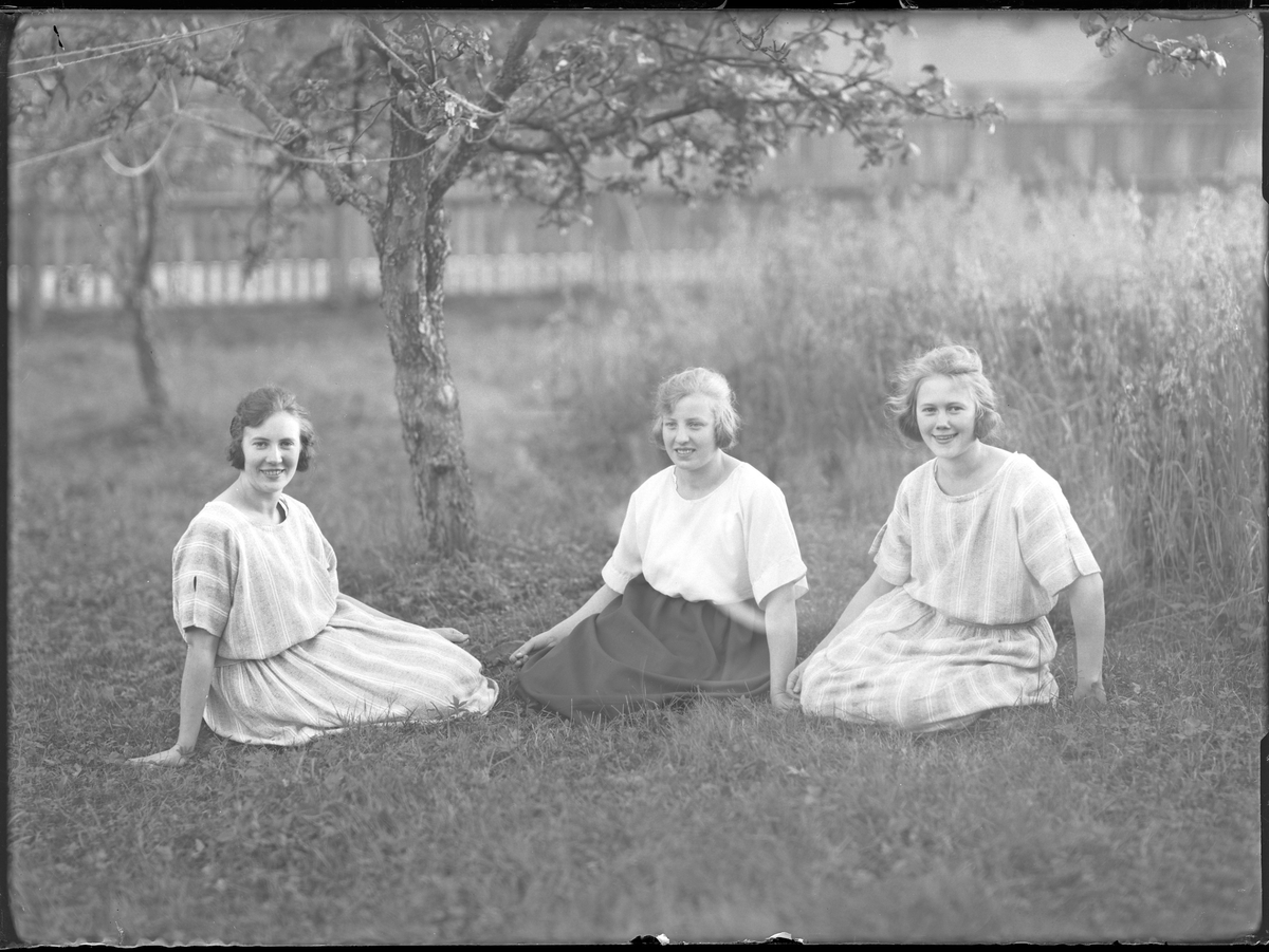 Lisa, Agnes och Lilly sitter i gräset under ett träd.