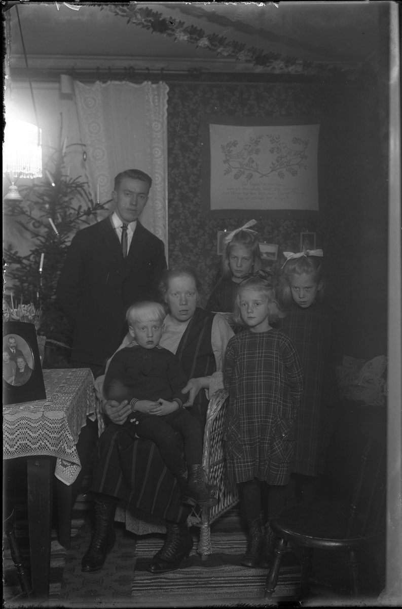 Familjen Jansson fotograferade i samband med att äldre fru Jansson fyller 60år (se bild AM HO 00431). Familjen består av en kvinna och en liten pojke, som båda sitter i en korgstol, en man och tre flickor, som står runt korgstolen.