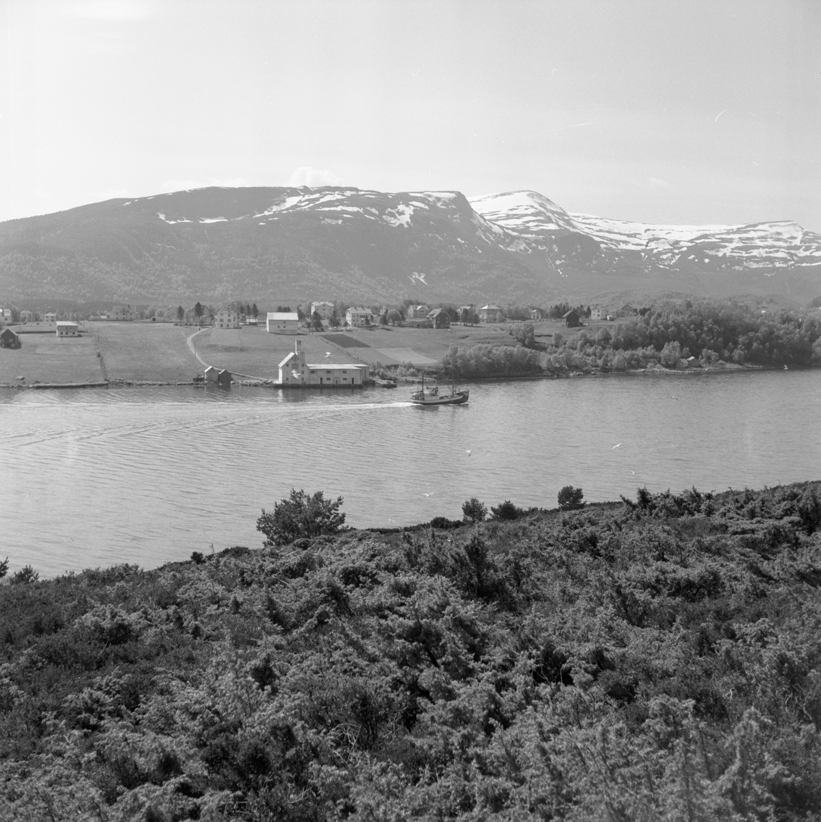 Oversiktsbilde av Fiskarstranda på Sula, sett fra Humla.