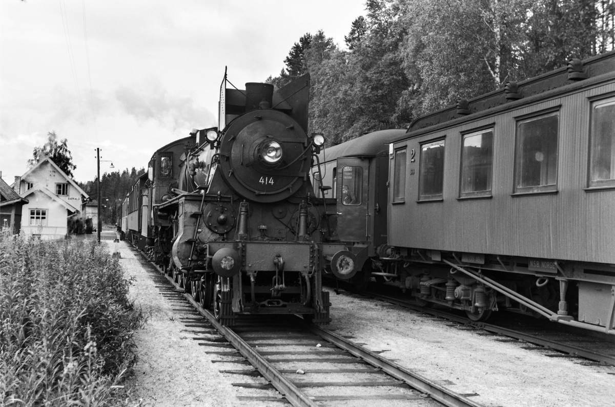 Kryssing på Barkald stasjon mellom dagtoget fra Oslo Ø til Trondheim over Røros, tog 301 og dagtoget fra Trondheim til Oslo Ø., tog 302. I tog 302 damplok type 26c nr. 414.