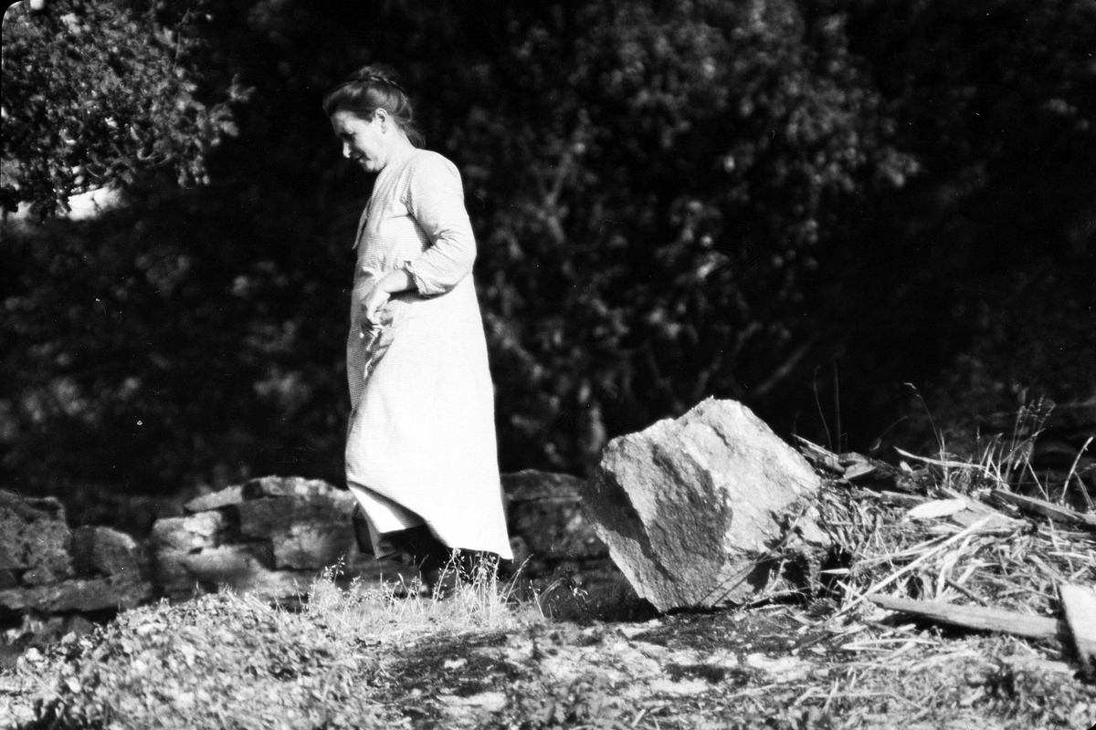 En kvinna, möjligen Augusta Matilda Helgesson, går bland ett antal stenar. I fotografens anteckningar står det "35 films fr. semester på Halö".