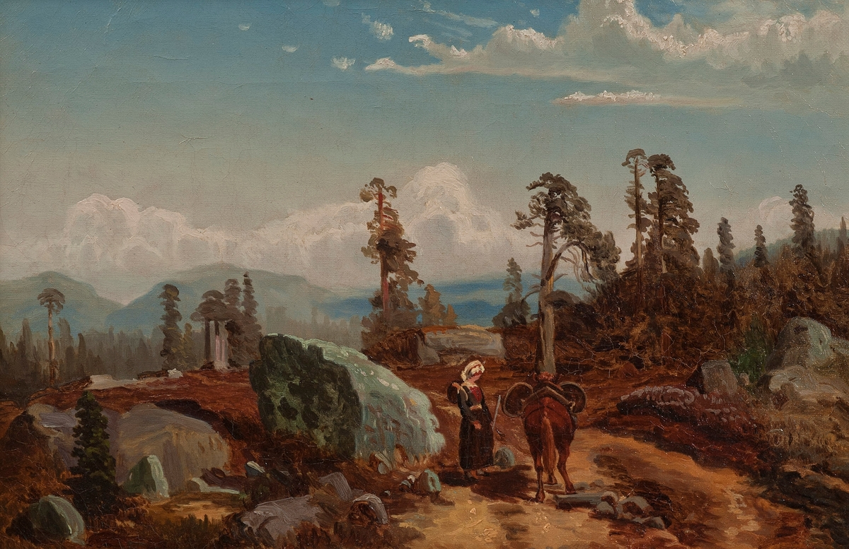 Kvinnefigur og hest foran et ødslig skoglandskap. Bildet hevdes å være en forstudie til "Skogstjern i nedre Telemark" (1852, Nasjonalmuseet). 