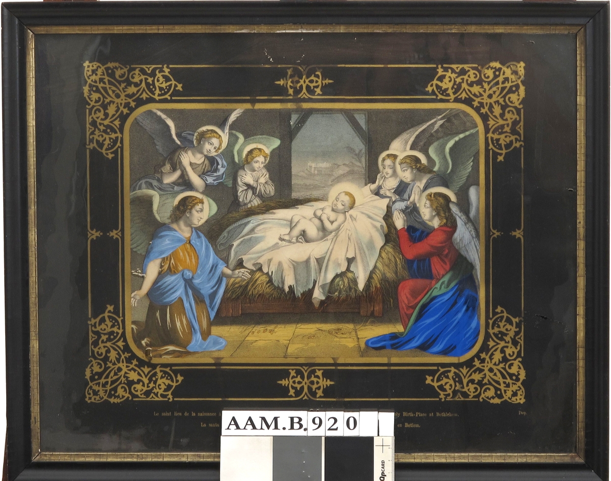 Nyfødte Jesus i stallen omgitt av seks engler.