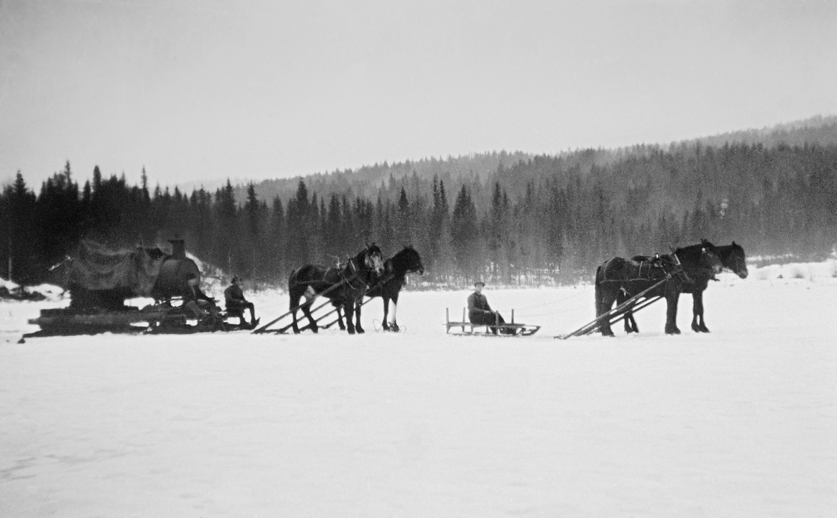 Transport av lokomobil som skulle drive et mobilt sagbruk over de snødekte isen på Frysjøen i Grue i Solør vinteren 1920.  Dampmaskinen var plassert på ei ramme som sto på to tømmerrustninger som ble trukket av hver sin hest og med hver sin kjørekar.  Framfor dem satt det en mann på en mindre, sledeliknende doning, som også ser ut til å ha vært forspent to hester.

Lokomobilen er en transportabel dampmaskin.  Ideen om å bruke damptrykk som energikilde for maskiner er gammel, og på andre halvdel av 1700-tallet fant engelske teknikere løsninger som gjorde at dampkraft kunne brukes i gruveindustrien, etter hvert også på andre virksomhetsområder.  Tidlig på 1800-tallet kom den første dampmaskinen på hjul - en lokomobil - som forholdsvis lett kunne flyttes fra ett sted til et annet.  På andre halvdel av 1800-tallet ble slike maskiner introdusert i de norske primærnæringene.  I jordbruket ble de trukket fra gard til gard for å drive treskeverk, og i skogbruket ble lokomobilene bruk til drift av små, transportable sagbruk.  Lokomobilteknologien gjorde slik virksomhet uavhengig av vassdrag med fossefall, som hadde drevet de tradisjonelle oppgangssagene.  Lokomobilene trengte vann og brensel til dampkjelene.  Som drivkraft for en mobil sagbenk gjorde disse dampmaskinene det mulig å produsere trelast på avsidesliggende steder i skogene,  På denne måten reduserte man også volumet og vekta på de verdiene som skulle kjøres ut av skogen.  Lokomobilsagene kunne stå på samme sted gjennom en hel vinter, men de kunne også flyttes og brukes på et par forskjellige steder i løpet av samme sesong.  De første lokomobilsagene i Norge ble satt i drift i 1870-åra, og bruken av denne teknologien ebbet ut omkring 1930, da det var kommet langt lettere forbrenningsmotorer og elektromotorer som kunne yte like god trekkraft til sagbenkene.