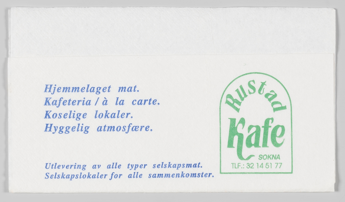 En reklametekst for Rustad Kafe på Sokna.

Rustad Kafe ble etablert i 1947. Gjennom årene har bedriften utviklet seg i takt med trafikken på Riksveg 7. 

Samme reklame på MIA.00007-004-0303 og MIA.00007-004-0305.