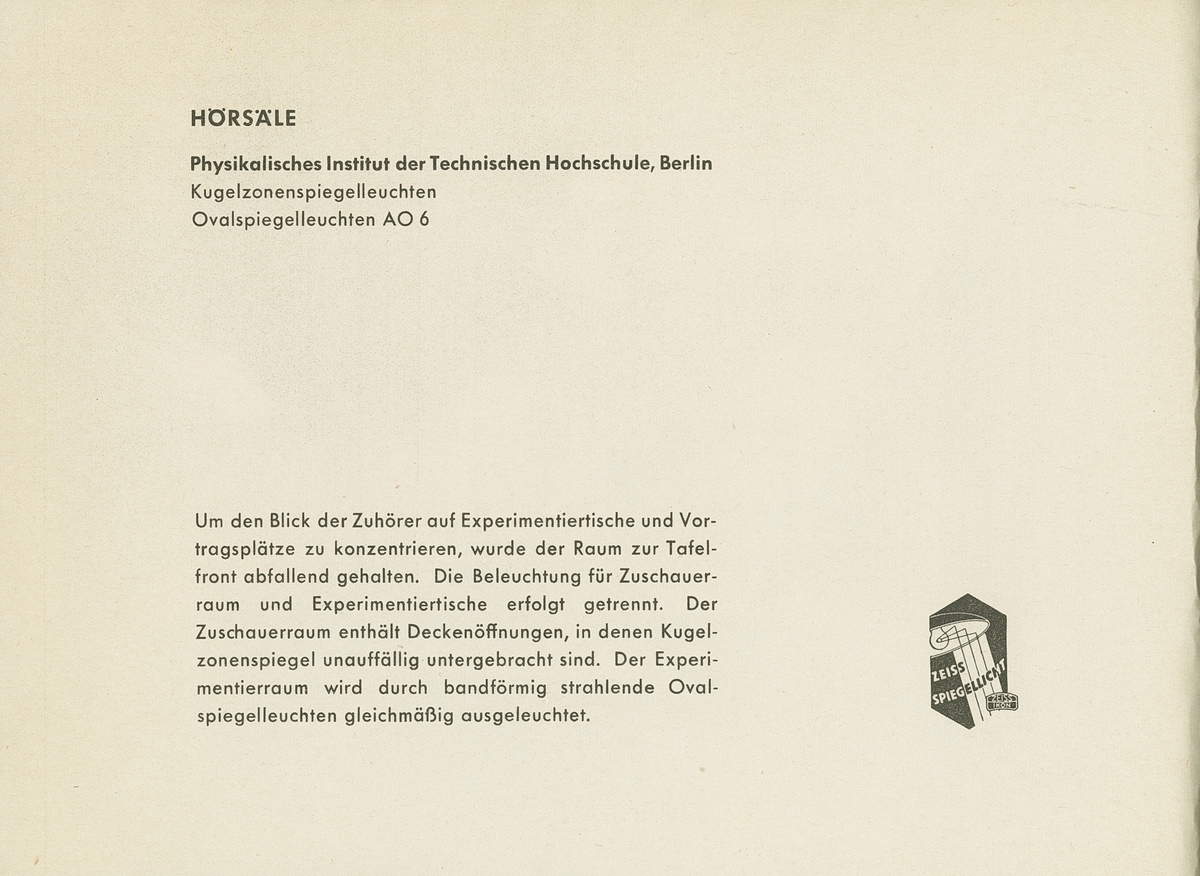 Bild ur boken "Zeiss Spiegellicht System Zeiss-Wiscott in der Architektur : eine Sammlung durchgeführter Beleuchtungsanlagen". Boken gavs ut av Berlin-Zehlendorf : Zeiss Ikon A.G., Goerzwerk, 1937.
