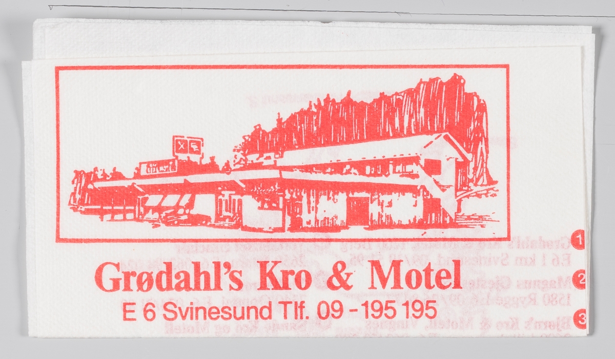 En tegning av bygnngen, et veikart, en logo for Hjerterom og en reklametekst for Grødahl`s Kro og Motel ved E6 Svinesund.