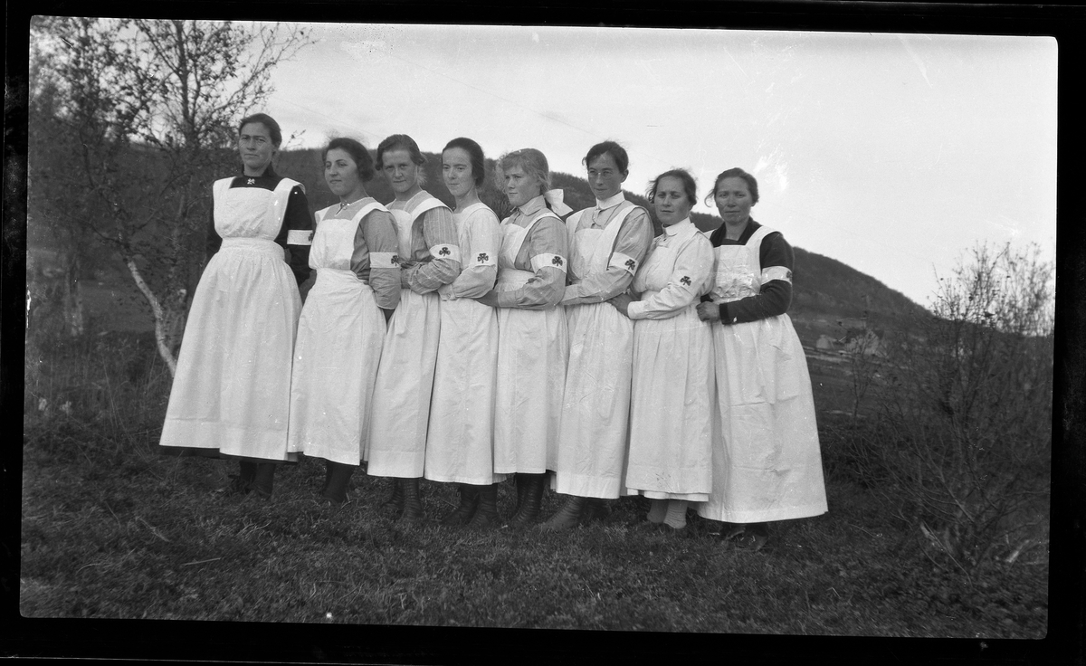 Gruppebilde av kvinner med forklær og armbind fra Norske Kvinners Sanitetsforening.