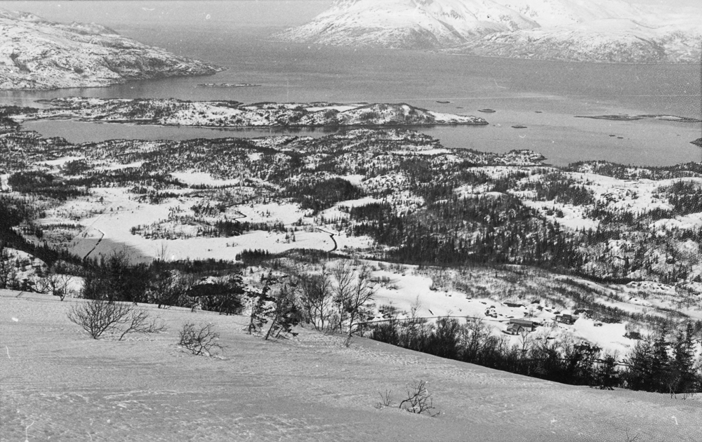 Utsikt fra Drogsøy, Brattåshalvøya i Hommelstø med utsikt mot Anndalshatten/Okan.