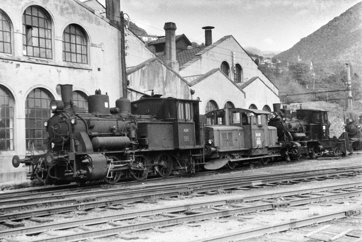 Damplokomotiv type 25d nr. 424, skiftetraktor Skd 214 102 ogdamplokomotiv 25d nr. 425 ved lokomotivstallen på Bergen stasjon.