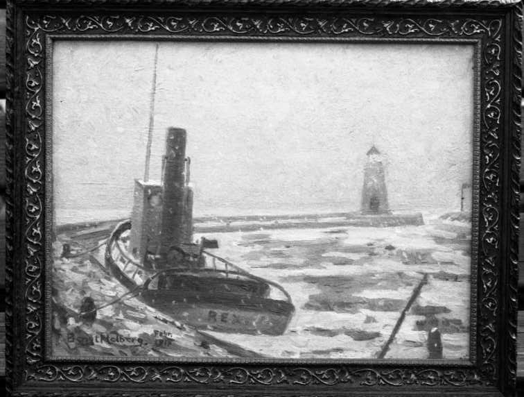 Bengt Hedbergs oljemålning "Snöglopp. Grenna hamn febr. 1917". Bogserbåten Rex ligger vid kaj.