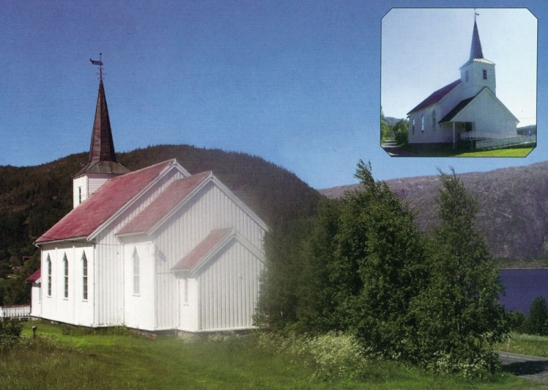 Leirfjord, Bardal. Bardal kirke ble bygd og innviet i 1886.
Bildet er brukt i Leirfjordkalenderen - forside 2007