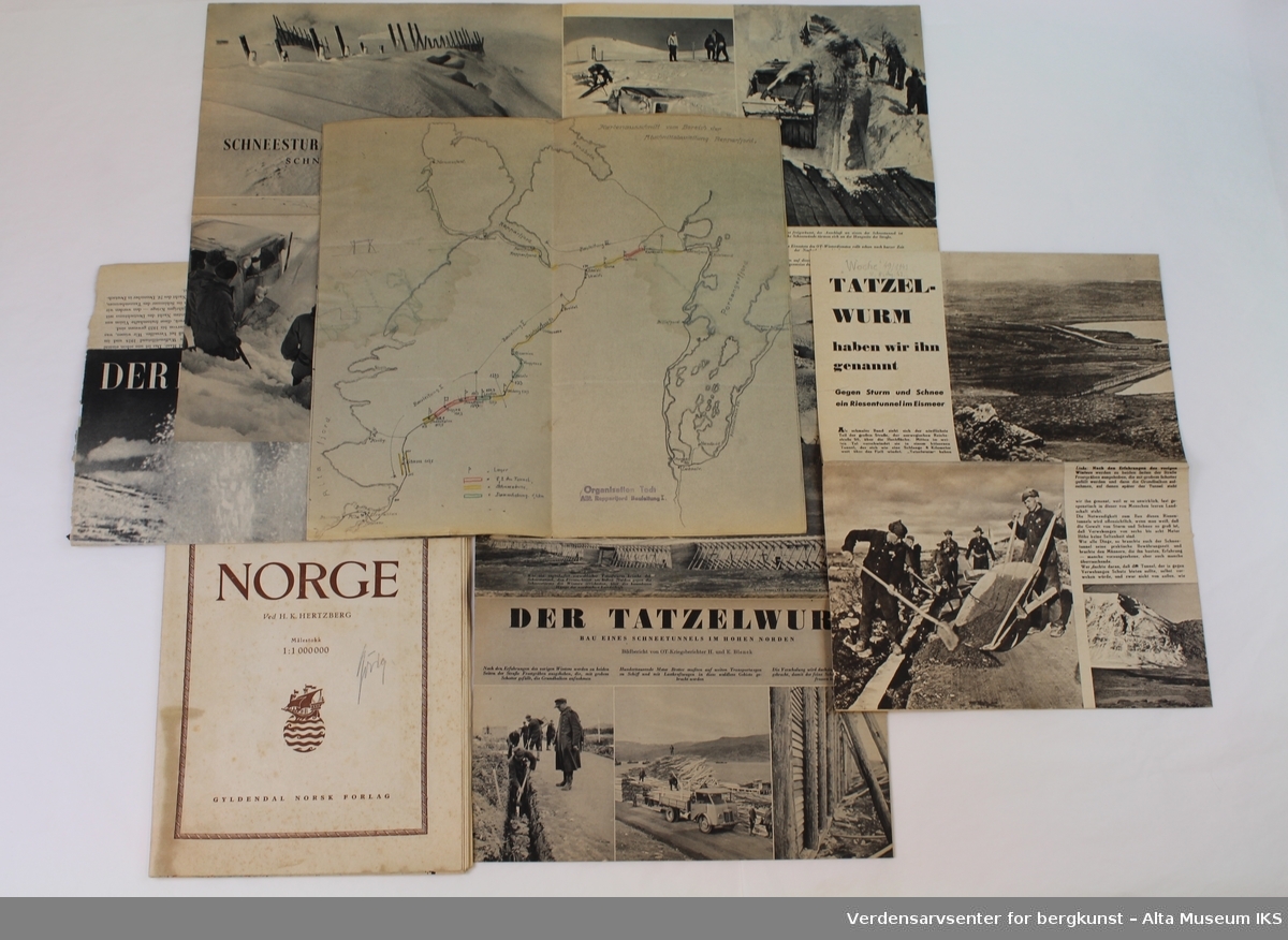 5 gule mapper med innhold og et kartblad over Norge nord for Dovre.