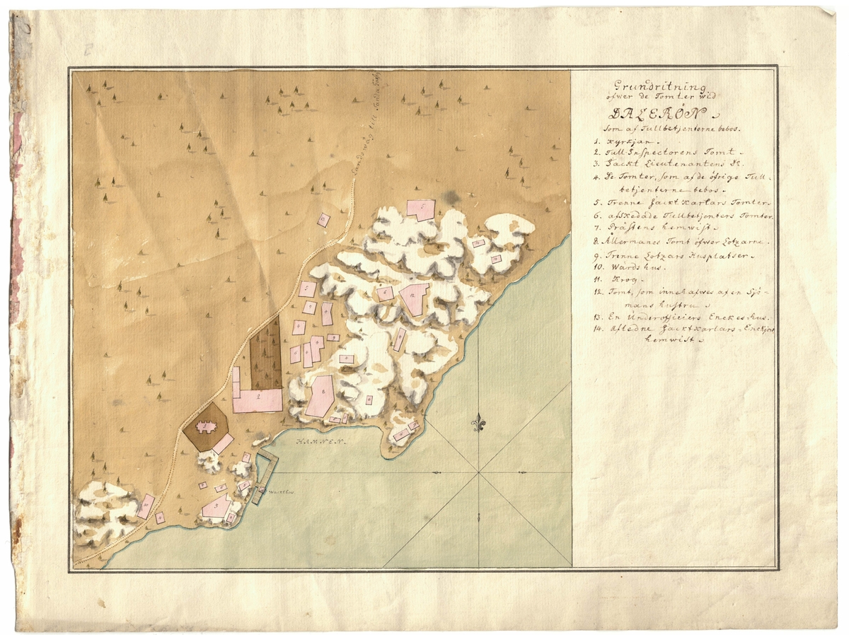 Tomtkarta över tomter där tulltjänstemännen på Dalarö, i Stockholms södra skärgård, bodde under 1700 - talets mitt.