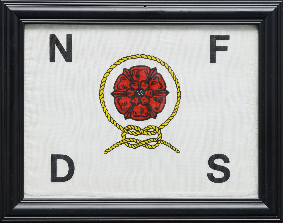 Rederiflagg med motivet til Det Nordenfjeldske Dampskibsselskab. Flagget har en hvit flate, med initialene NFDS med en bokstav i hvert sitt hjørn, i midten Olavsrosen, omringet av et gult rep som er festet med båtsmannsknop under blomsten.