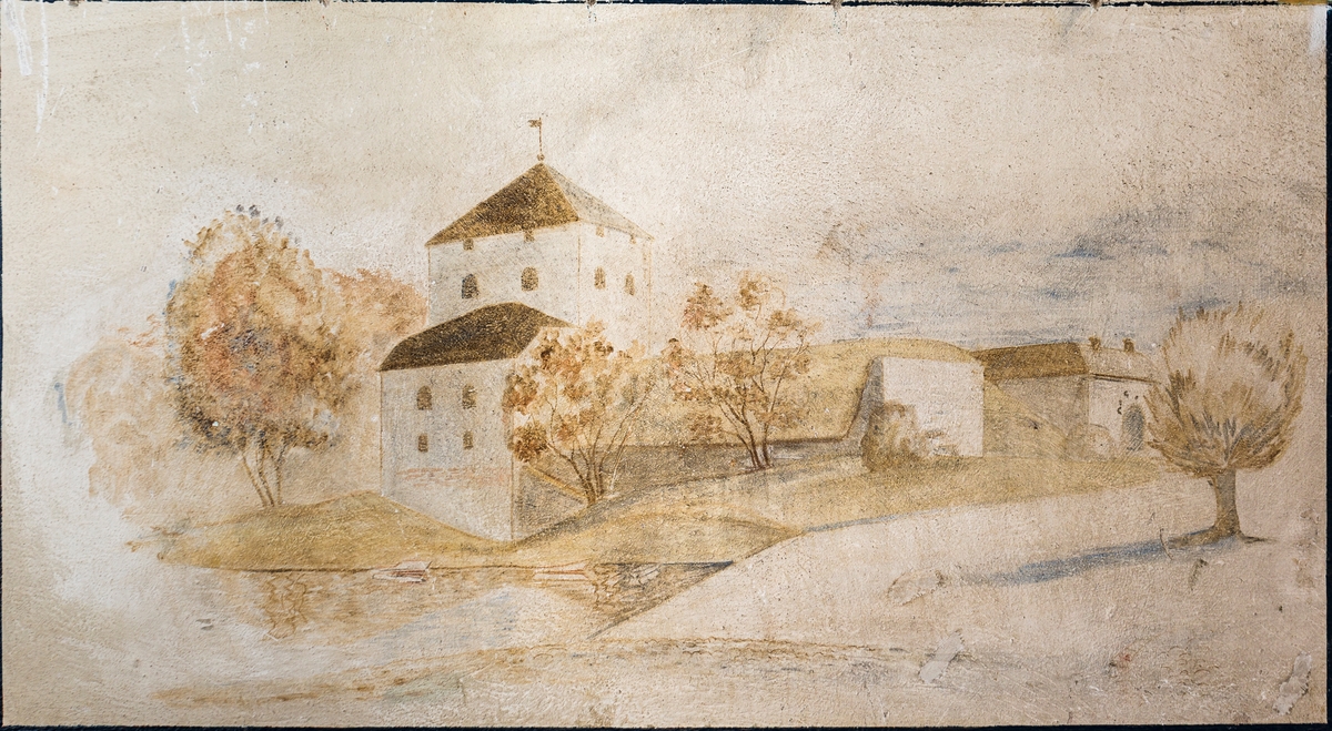 Logement 12.
Del av 3. komp dagrum med väggmålningar från 1920-talet.

Nyköpings hus.