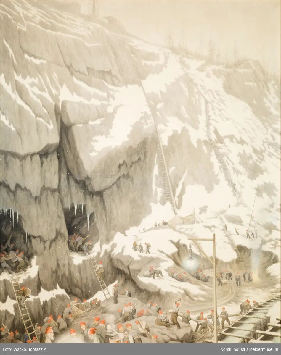 Fem akvareller med motiv fra utbyggingen av kraftverket Svælgfos. «Fossen» (1907), «Grunnarbeide» (1907), «Dammen på Kloumann-sjøen» (1908), «Svælgfos» (1907) og «Markens grøde» (1907).
