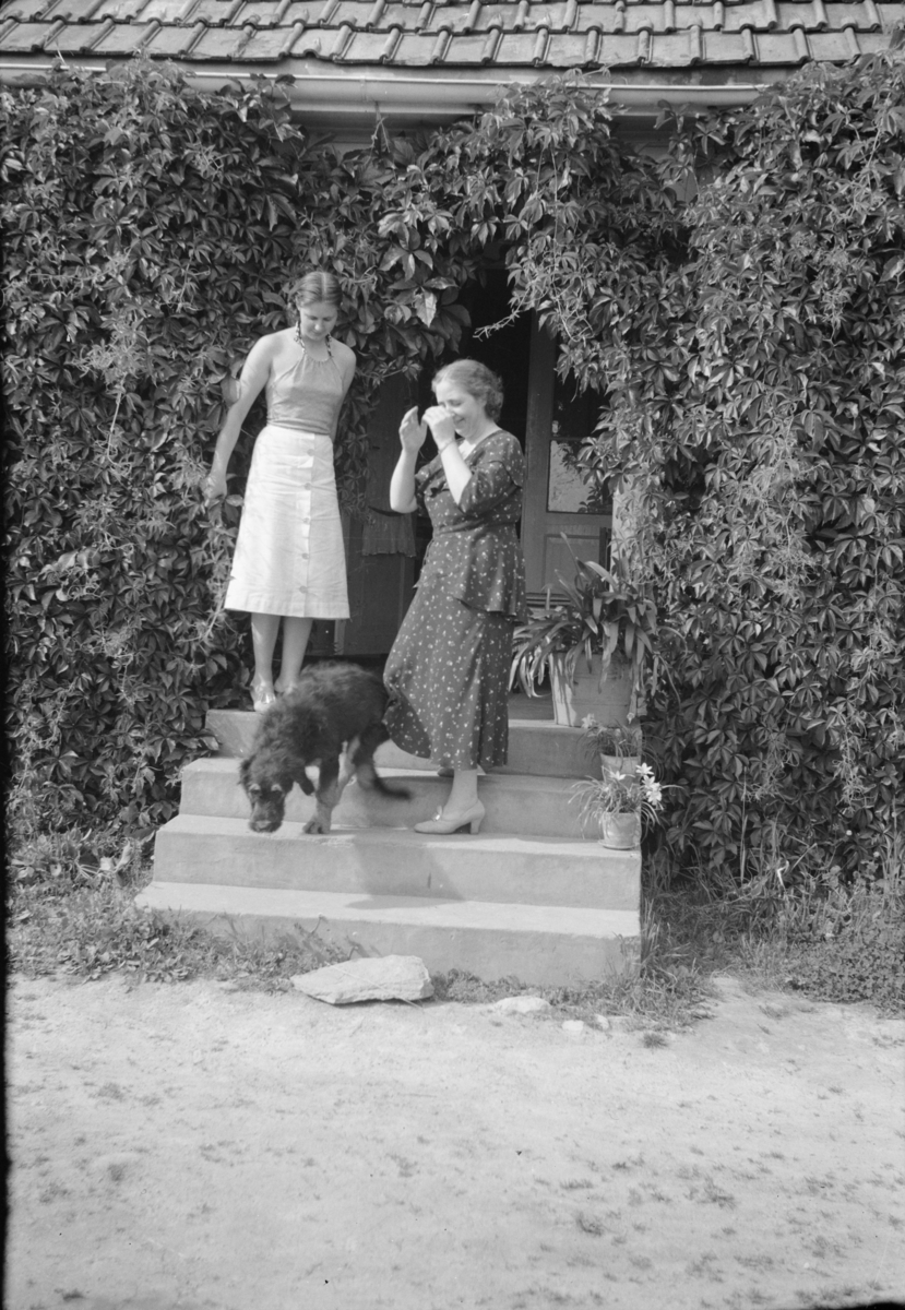To kvinner og hund på trappa foran et hus