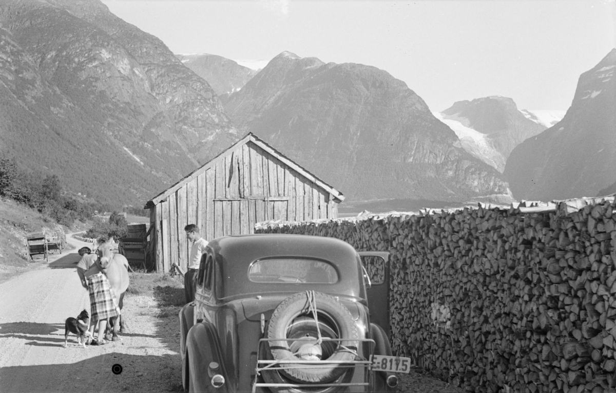 Parti fra Vestlandet, stopp langs vegen, Arnfinn Kråbøl står foran sin Ford V8 1936-modell E-8175