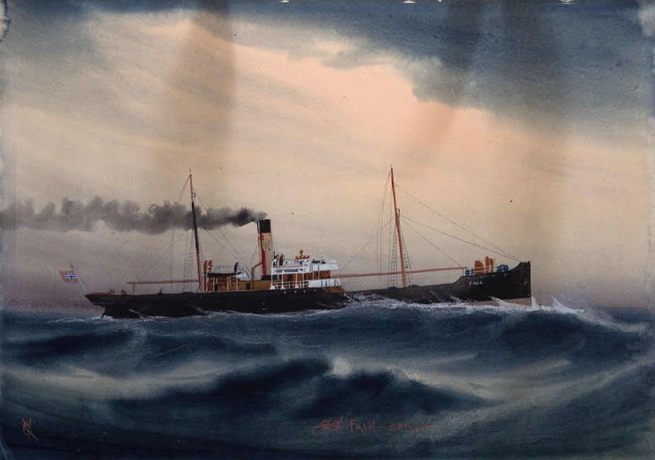 Skipsportrett av dampskipet FALK under fart i åpen sjø. Norsk flagg akter.